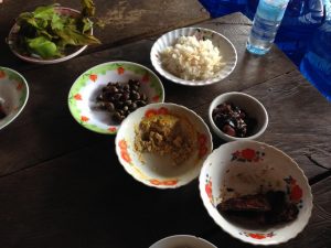 おばあちゃんが振舞ってくれたお昼ごはん。鰹節のような魚の干物とホルモンの甘辛煮、塩辛入りのオムレツ、唐辛子で味付けした貝など